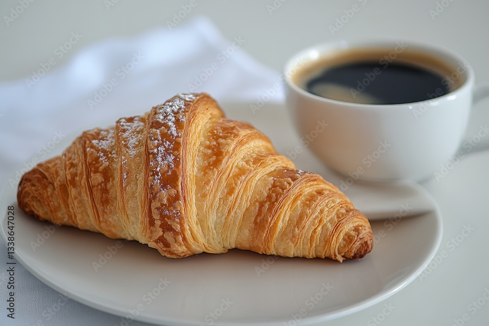 Fresh Croissant and Coffee on White Plate with Napkin Background Fresh Croissant and Coffee on White Plate with Napkin Background