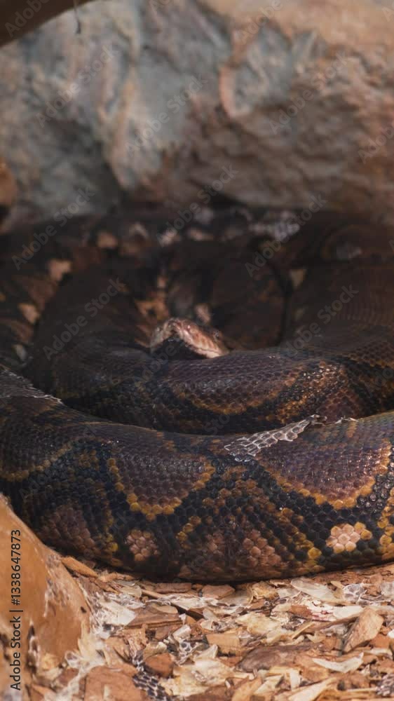 Vertical Boa Snake Coiled on Grey Rocks with a Mysterious Gaze Vertical Boa Snake Coiled on Grey Rocks with a Mysterious Gaze
