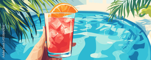 Vibrant poolside scene with hand holding refreshing drink against tropical backdrop.