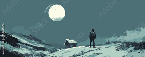 Lone figure gazing at full moon over snowy landscape with cabin under night sky.