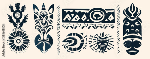 Tribal mask designs featuring geometric and abstract patterns in dark blue on beige background.