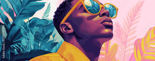 Vibrant portrait of stylish man in sunglasses among colorful tropical leaves.
