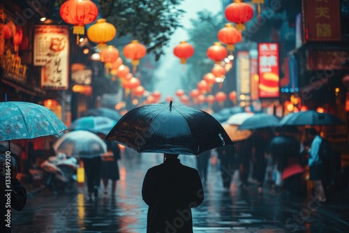 Wallpaper Mural A street scene of the bustling Shenyang city in China, with people holding umbrellas amidst rain and colorful lanterns hanging from above. Torontodigital.ca