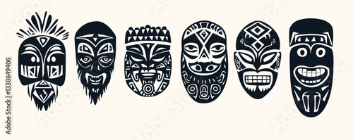 Traditional polynesian tribal masks with distinct patterns and expressions.