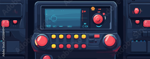 Futuristic control panel with screen and buttons in a sci-fi spaceship cockpit.