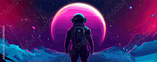 Astronaut gazing at vibrant planet in colorful space scene with cosmic landscape.