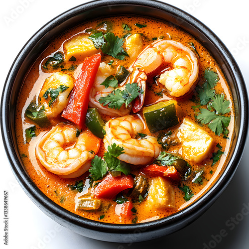 Delicious thai prawn soup with coconut milk and vegetables