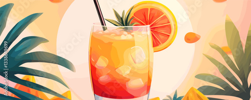 Tropical sunrise cocktail with citrus slice and straw surrounded by leaves.