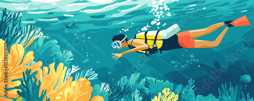 Scuba diver exploring vibrant coral reef underwater among colorful marine life.