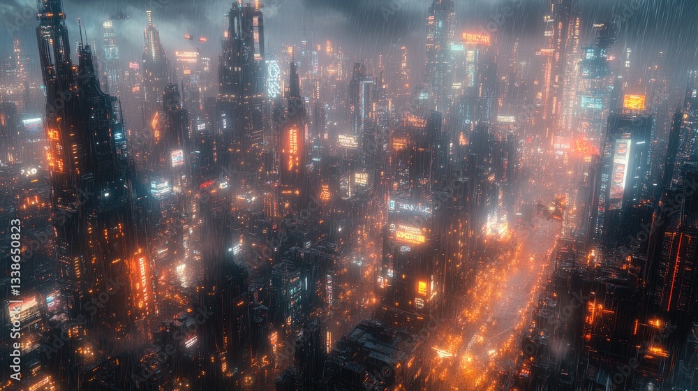 Futuristic cityscape illuminated by neon lights and heavy rain Futuristic cityscape illuminated by neon lights and heavy rain