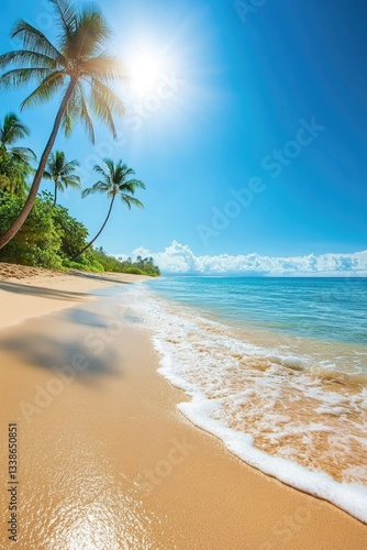 A sunny beach in Hawaii with palm trees and crystal-clear water, with the sun shining brightly over it.