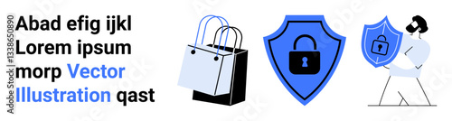 Shopping bags, shield with a lock, and a person holding a secured shield represent online shopping, data security, and customer protection. Ideal for e-commerce, cybersecurity, trust-building