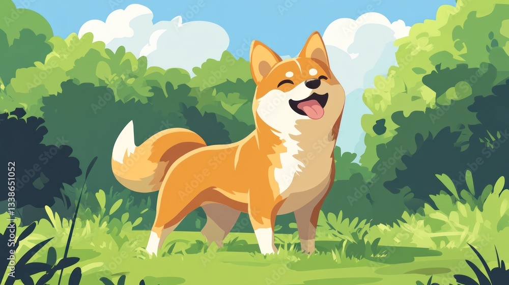 Fototapeta premium Happy dog in a forest glade. Possible use Children's book illustration