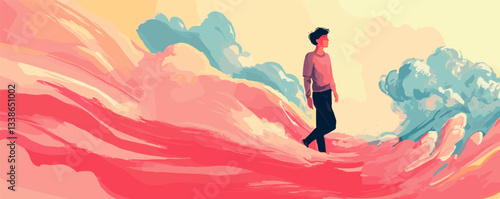 Young man walking amidst vibrant dreamy clouds in surreal landscape.