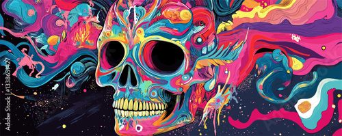 Vibrant psychedelic skull with abstract swirls and colorful patterns on dark background.