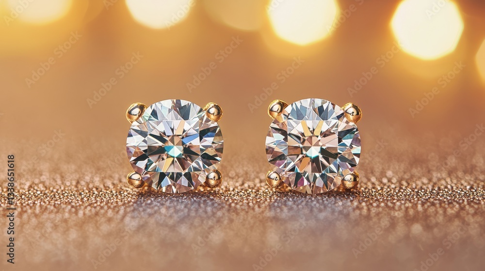 Fototapeta premium Elegant Golden Stud Earrings with Brilliant Diamonds on a Soft Glowing Background for Jewelry Display
