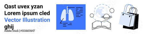 Lungs diagram with annotations, open book with orbiting planets, and shopping bag highlight science, education, and commerce themes. Ideal for healthcare, astronomy, study, and retail flat landing