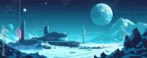 Futuristic space colony on icy exoplanet with distant moons and starry sky.