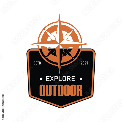 Explore outdoor logo design featuring a compass and badge style for adventurous activities with a minimal vector approach