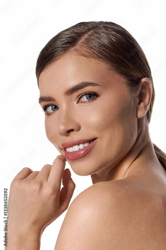 Elegant young woman showcasing natural beauty and captivating smile in studio portrait Elegant young woman showcasing natural beauty and captivating smile in studio portrait