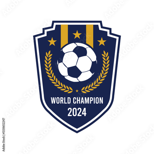 World champion soccer logo design featuring a ball and laurel wreath with a modern shield shape for 2024 Icon template