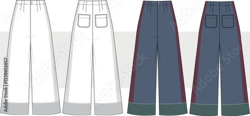 Women pleated darted wide leg blok color palazzo pant trouser template technical drawing flat sketch, illustration, vector. Front and back view, cad, mockup.