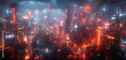 A futuristic cityscape glowing brightly during a nighttime rainfall event