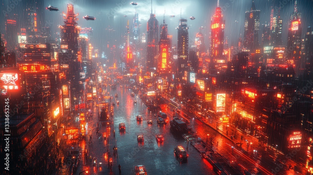 A futuristic cityscape is brightly lit during heavy rainfall at night A futuristic cityscape is brightly lit during heavy rainfall at night