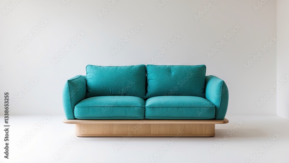 Turquoise fabric sofa with plush cushions and light wooden base centered on a clean white background showcasing modern furniture design elegance Turquoise fabric sofa with plush cushions and light wooden base centered on a clean white background showcasing modern furniture design elegance