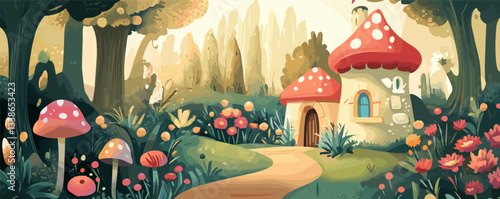 Enchanting fairy tale cottage in a mystical forest with colorful flowers and mushrooms.
