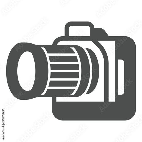 Photocamera with telelens solid icon, photography and optics concept. Vector graphics. Photo camera sign on white background, glyph style icon for mobile or web design.