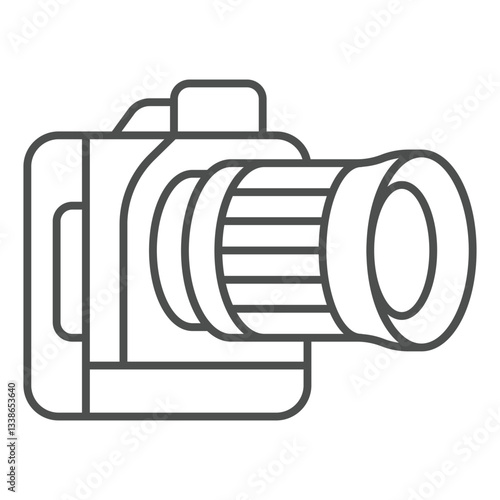 Photocamera with telelens thin line icon, photography and optics concept. Vector graphics. Photo camera sign on white background, outline style icon for mobile or web design.