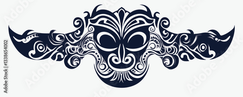 Ornate tribal mask design with intricate swirls and symmetrical patterns in black.