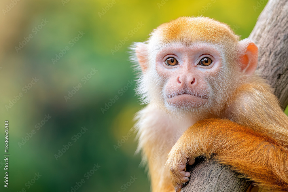 Fototapeta premium Curious monkey resting on branch, showcasing its expressive eyes