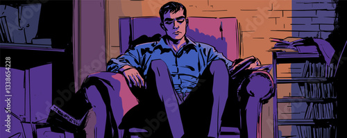 Reflective young man relaxing in cozy armchair, surrounded by warm light and homey atmosphere.