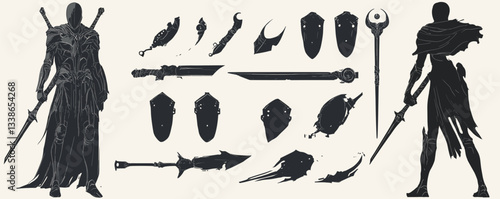 Dark cloaked figures with swords and shields in shadowy silhouette design.
