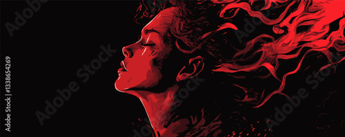 Fiery woman in profile with flowing hair against black background, red and black color contrast.