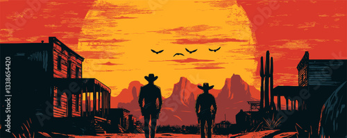 Two cowboys walking at sunset in wild west town with silhouetted mountains and cacti in background.