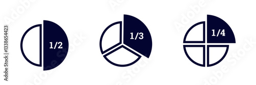 Three pie charts showing half, one third, and one quarter fractions, each with unique color sections.