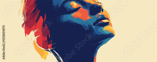 Vibrant abstract portrait of a woman with eyes closed in colorful expressionist style.