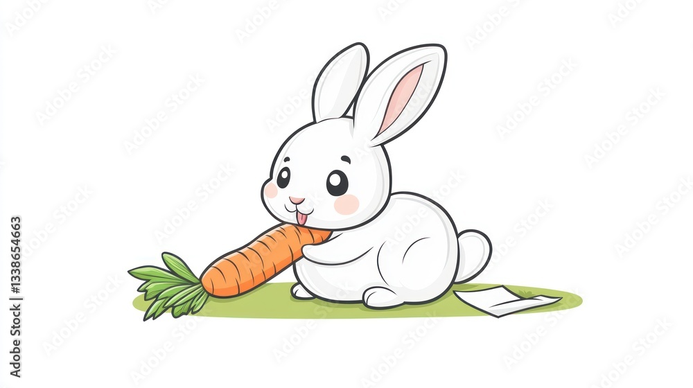 Fototapeta premium Cute cartoon bunny eating carrot, simple background