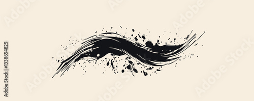 Abstract black ink brushstroke with splatter on light background.