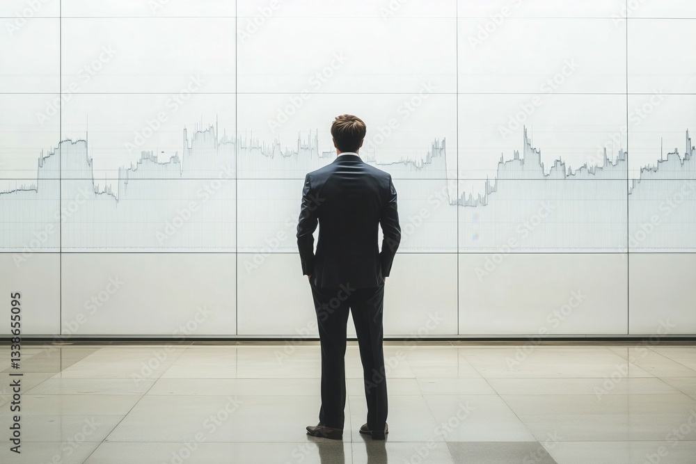 Full body shot of a business man wearing a suit pictured from behind, as he stares at a white wall, with a huge single financial graph on it. Full body shot of a business man wearing a suit pictured from behind, as he stares at a white wall, with a huge single financial graph on it.