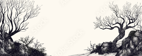 Barren landscape with twisted drought trees and sparse vegetation against white sky.