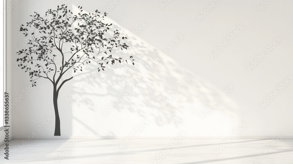 Obraz premium Abstract tree silhouette in modern interior, sunlit wall, minimalist design, home decor