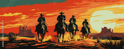 Four cowboys riding horses at sunset in vibrant desert landscape.