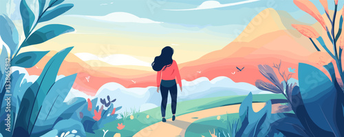 Woman admiring colorful sunset landscape with mountains and nature surroundings.