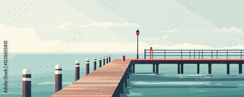 Tranquil wooden pier extending over calm sea under cloudy sky with red lamp post.