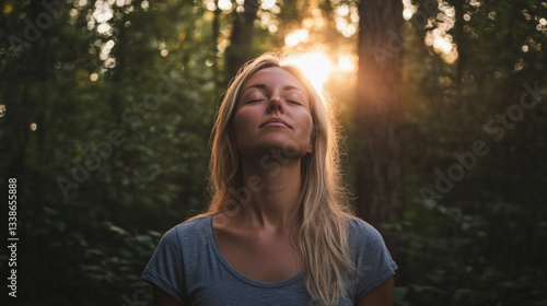 Woman enjoying deep breathing exercise in a serene forest during sunset