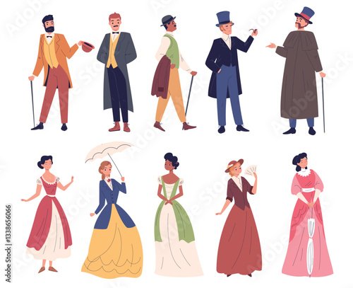 Victorian people. 19th century european man and woman in vintage outfit, old fashion lady dress gentleman aristocrat character 1900 historical person, classy vector illustration